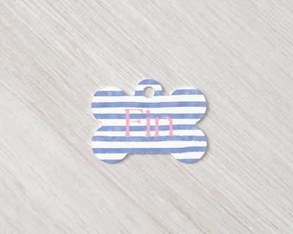 Personalized Dog Tag - Blue Striped Design | Custom Pet ID Tag | Lightweight MDF Dog Name Tag