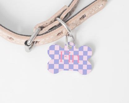 Custom Dog Tag | Pink Lilac Checkered Pet ID Tag | Personalized Dog Name Tag | Sausage Dog Accessory | Cute Pet Tag M
