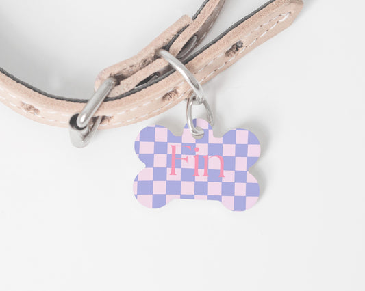 Custom Dog Tag | Pink Lilac Checkered Pet ID Tag | Personalized Dog Name Tag | Sausage Dog Accessory | Cute Pet Tag M
