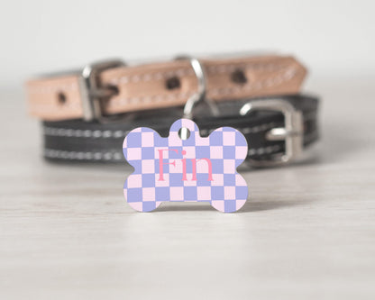 Custom Dog Tag | Pink Lilac Checkered Pet ID Tag | Personalized Dog Name Tag | Sausage Dog Accessory | Cute Pet Tag M