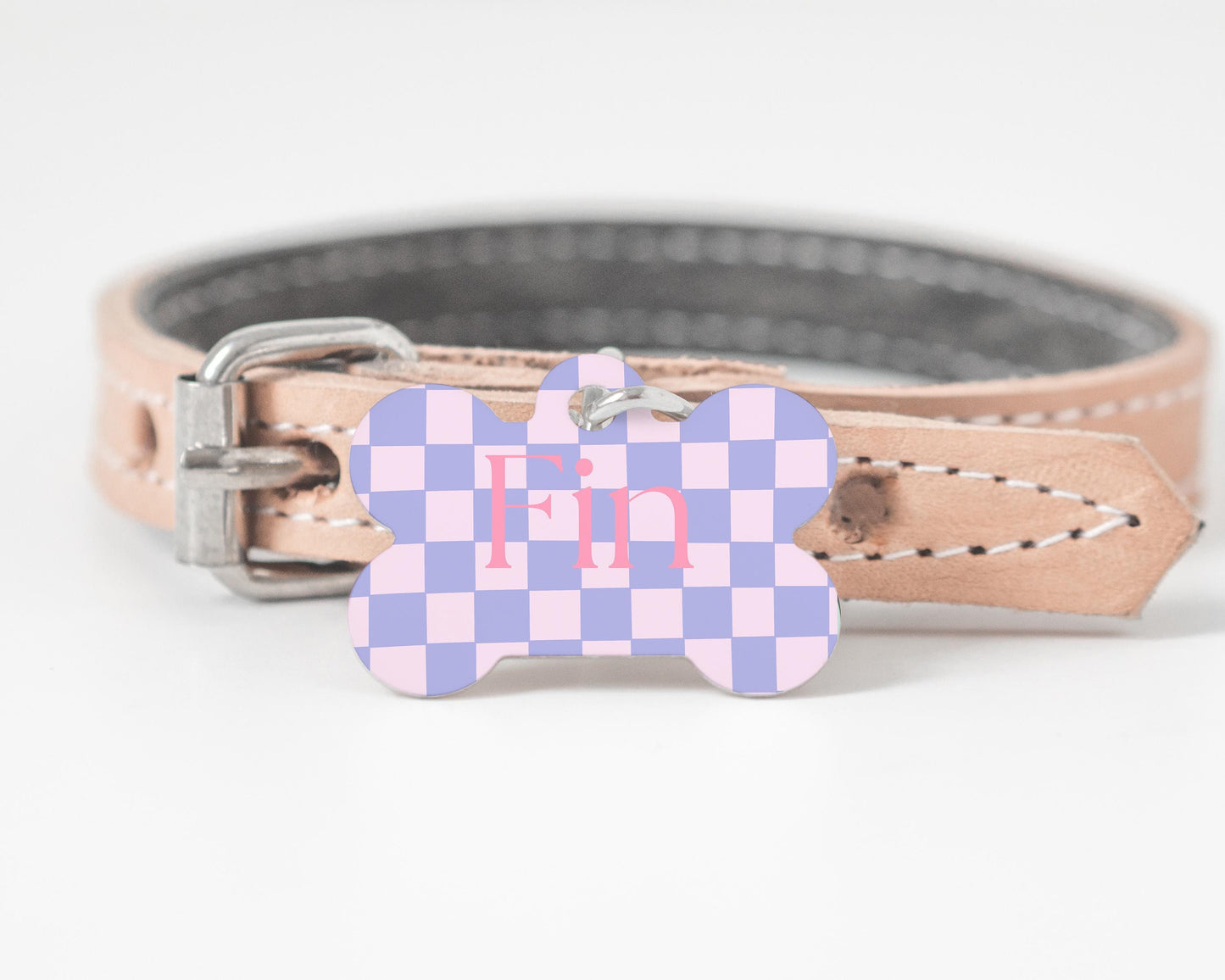 Custom Dog Tag | Pink Lilac Checkered Pet ID Tag | Personalized Dog Name Tag | Sausage Dog Accessory | Cute Pet Tag M