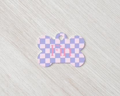 Custom Dog Tag | Pink Lilac Checkered Pet ID Tag | Personalized Dog Name Tag | Sausage Dog Accessory | Cute Pet Tag M