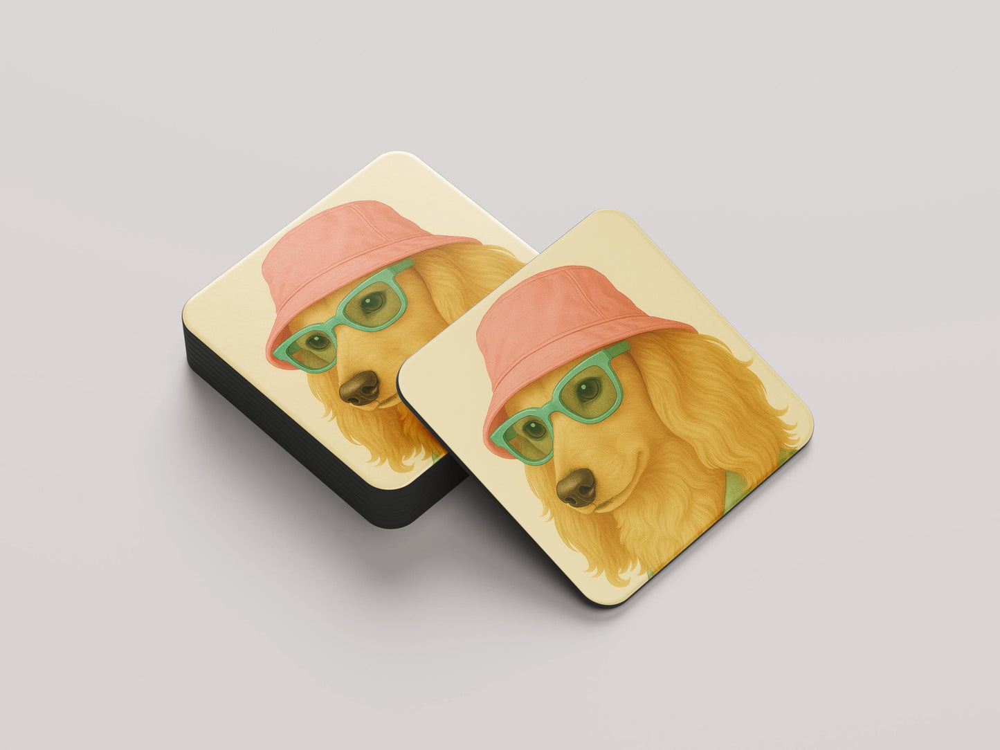Teckel Onderzetters Set - Langhaar Blonde Teckel met Roze Hoedje - Cadeau Hondenliefhebber