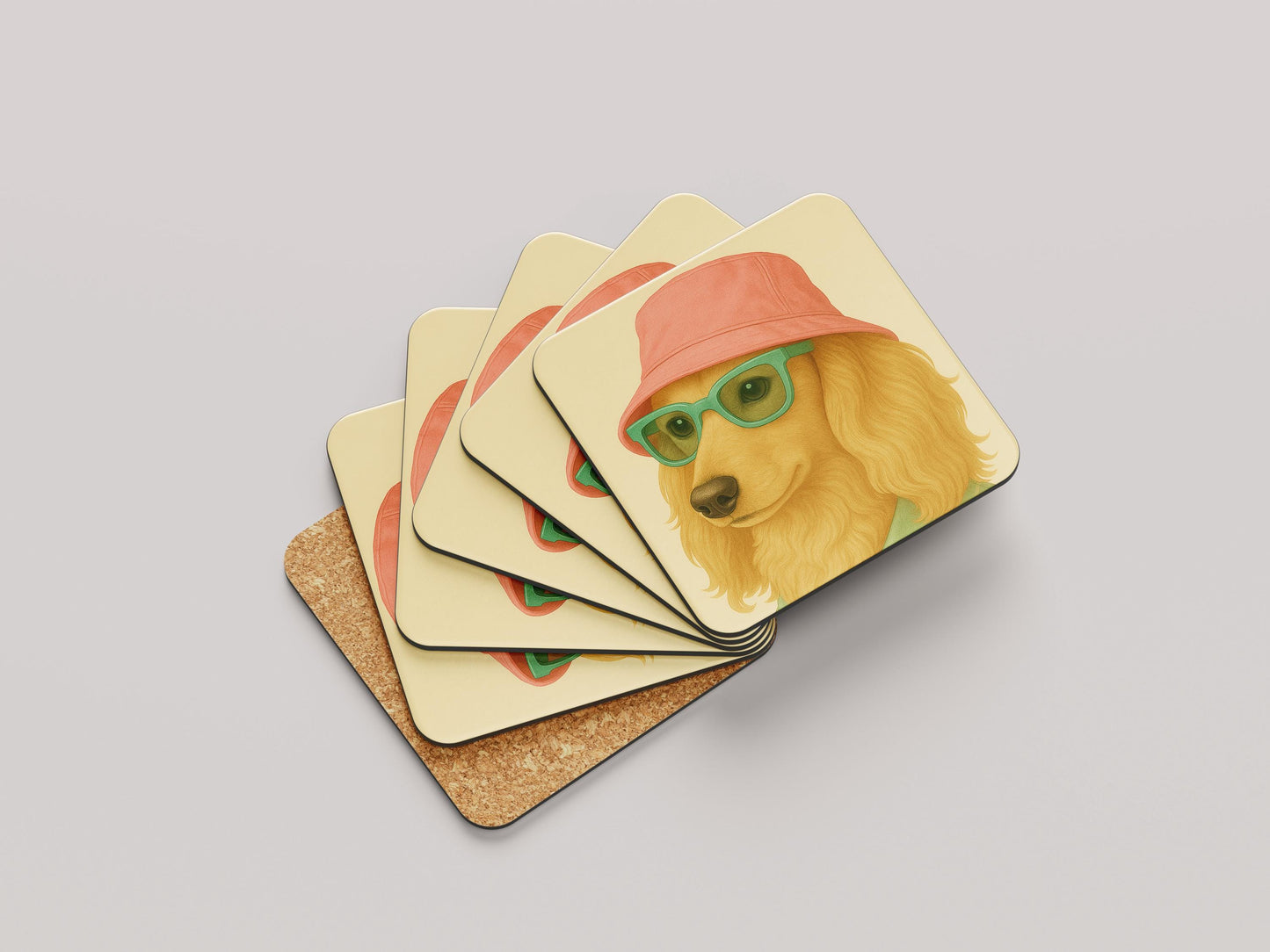 Teckel Onderzetters Set - Langhaar Blonde Teckel met Roze Hoedje - Cadeau Hondenliefhebber