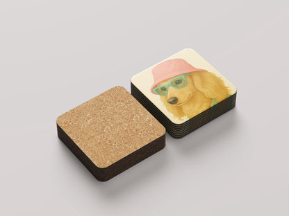 Teckel Onderzetters Set - Langhaar Blonde Teckel met Roze Hoedje - Cadeau Hondenliefhebber
