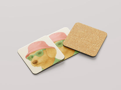 Grappige Teckel Onderzetters - Ruwhaar Blonde Teckel met Roze Hoedje en Mint Zonnebril