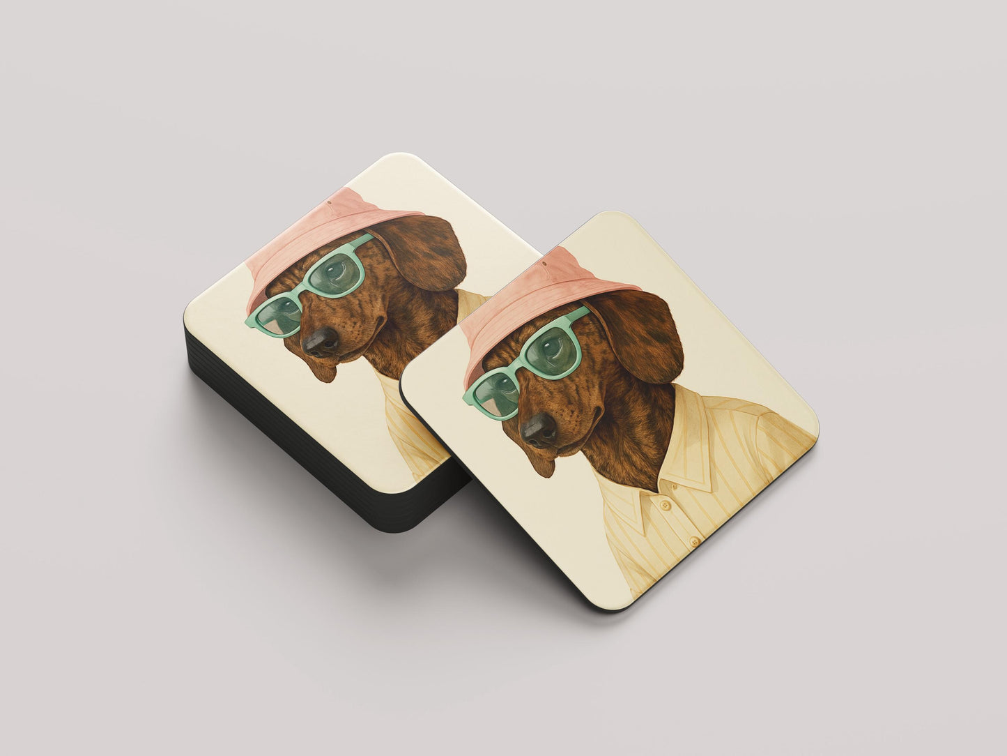 Brindle Teckel Onderzetters Set - Kortharige Brindle Teckel met Roze Hoedje - Grappig Cadeau