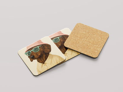 Brindle Teckel Onderzetters Set - Kortharige Brindle Teckel met Roze Hoedje - Grappig Cadeau
