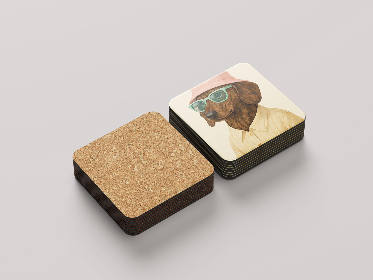 Brindle Teckel Onderzetters Set - Kortharige Brindle Teckel met Roze Hoedje - Grappig Cadeau
