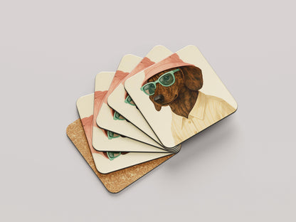 Brindle Teckel Onderzetters Set - Kortharige Brindle Teckel met Roze Hoedje - Grappig Cadeau