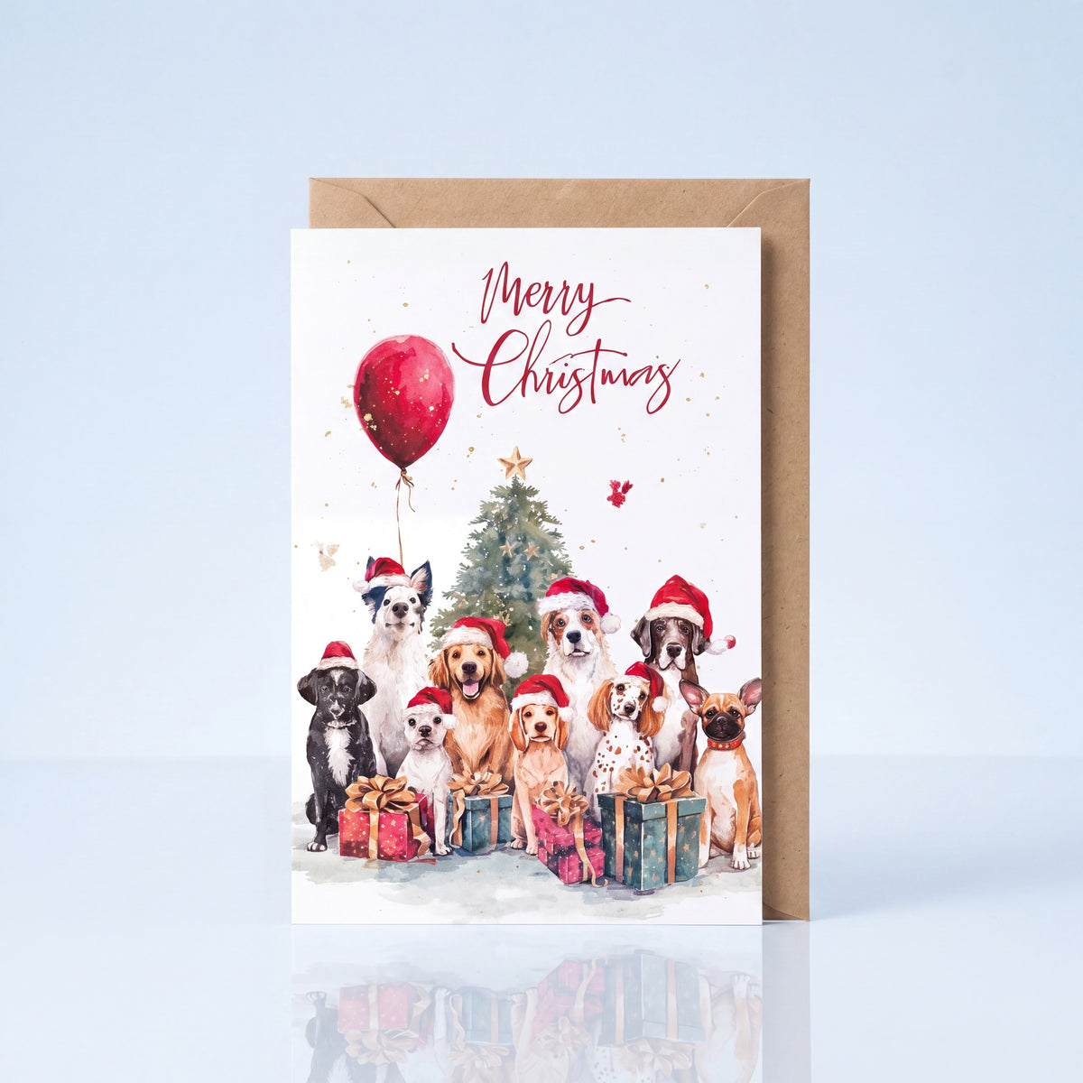 Kerstkaart negen honden met rode ballon Merry Christmas, A6