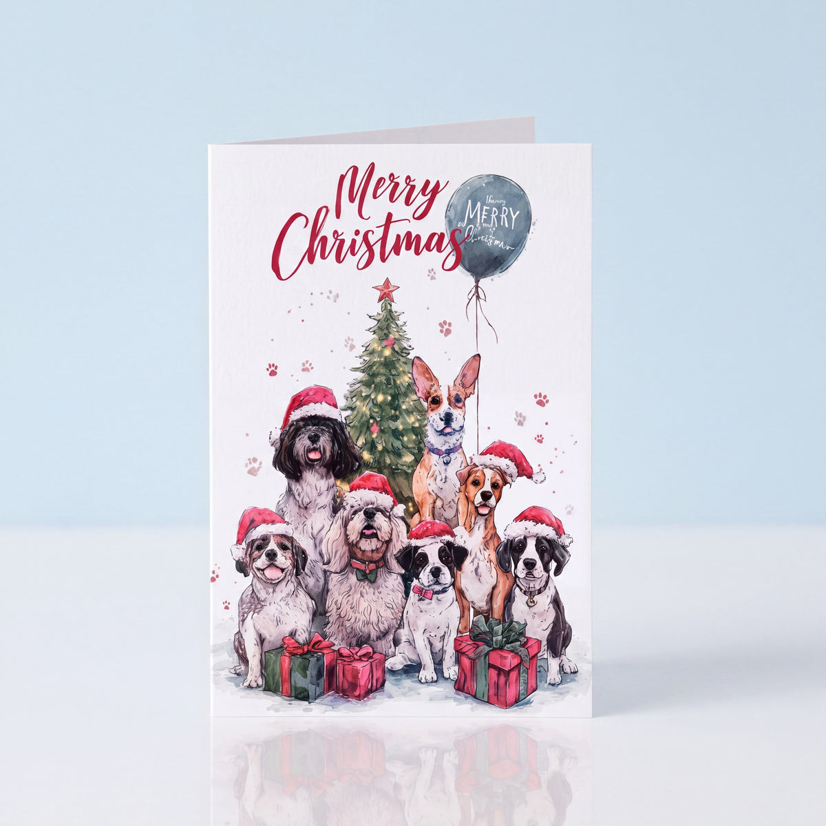 Kerstkaart zeven honden met ballon en kerstboom, A6 dubbel gevouwen