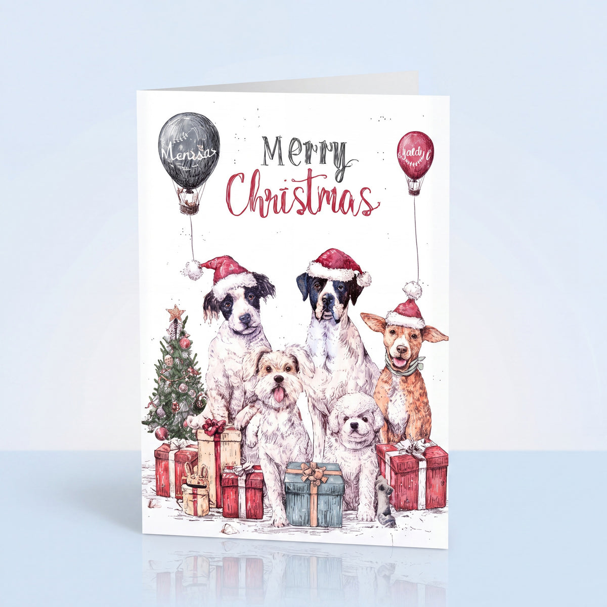 Kerstkaart vijf honden met twee ballonnen Merry Christmas, A6