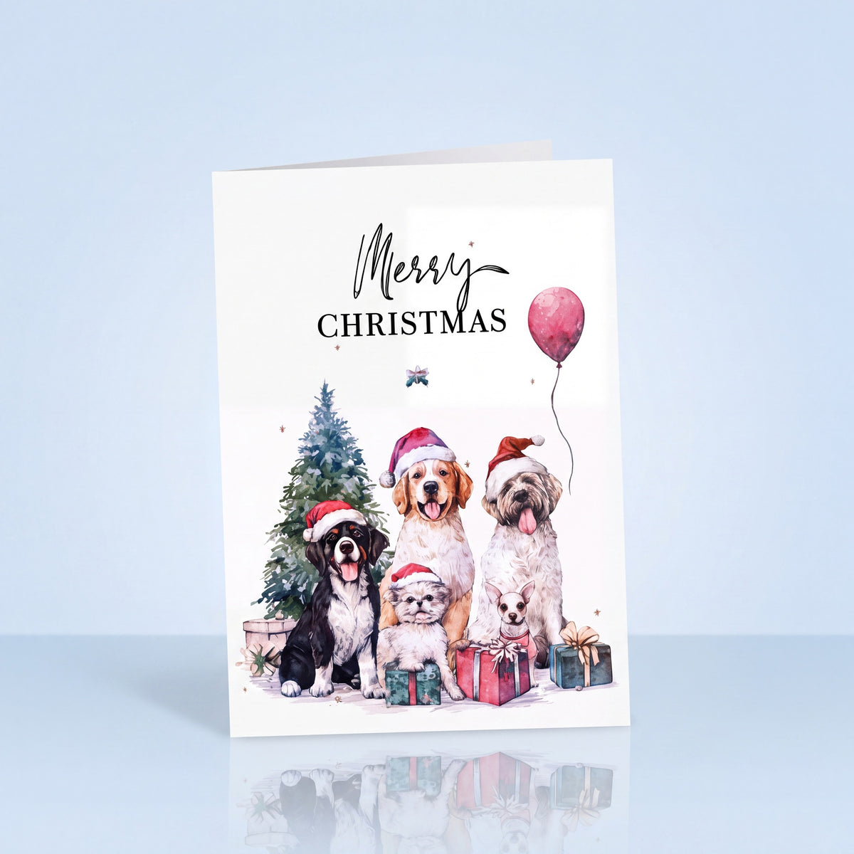 Kerstkaart vijf honden met ballon en kerstcadeaus, A6 dubbel gevouwen