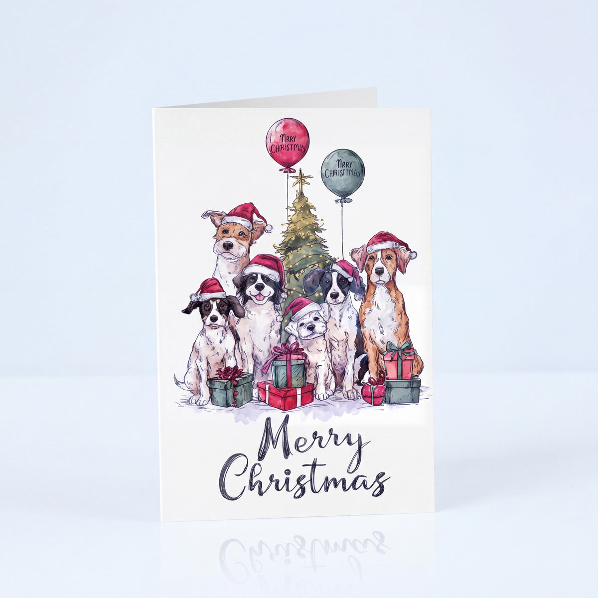 Kerstkaart zes honden met twee ballonnen en kerstboom, A6