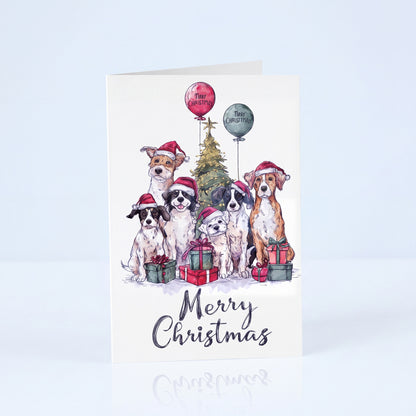 Kerstkaart zes honden met twee ballonnen en kerstboom, A6