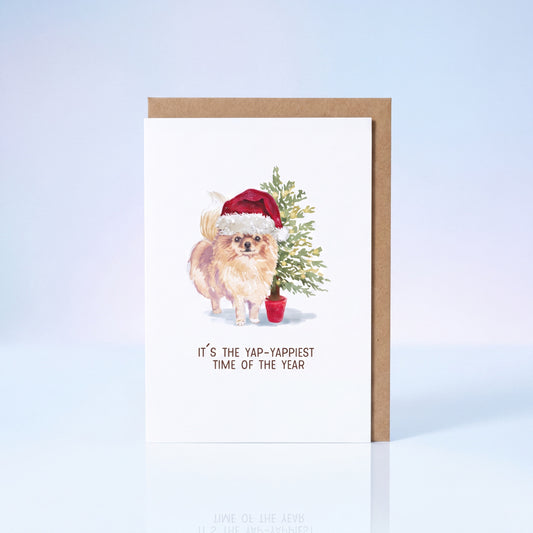 Kerstkaart pomeriaan met kerstmuts Yap-Yappiest Time of the Year, A6