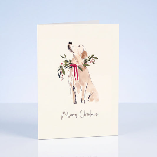 Kerstkaart labrador met kerstkrans Merry Christmas, A6 dubbel gevouwen