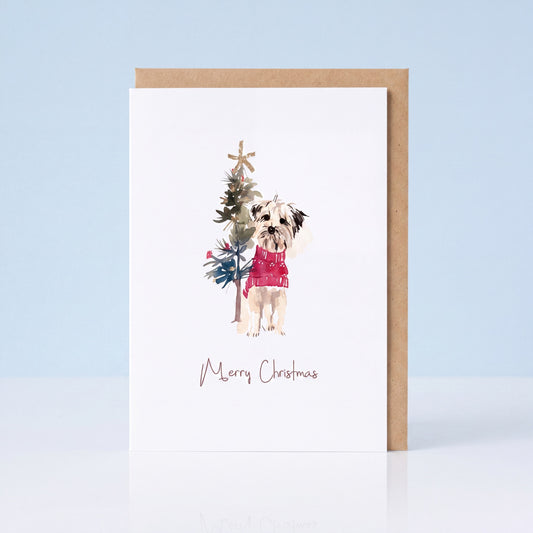 Kerstkaart shih tzu met kerstboompje Merry Christmas, A6 dubbel gevouwen