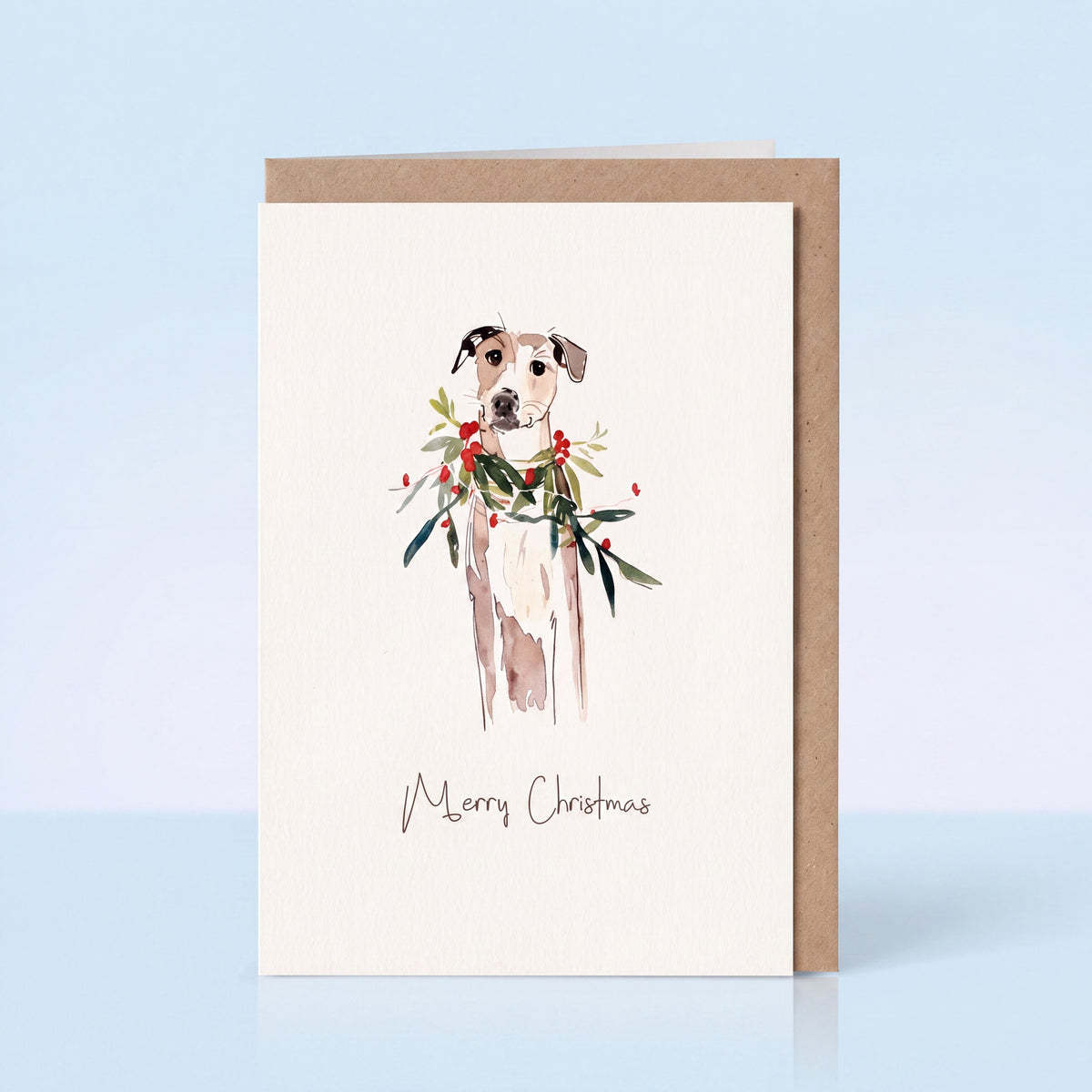 Kerstkaart hond met kerstverlichting Merry Christmas, A6 dubbel gevouwen
