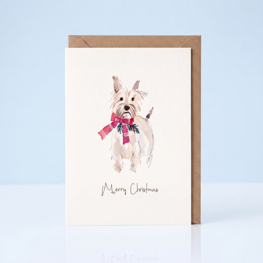 Kerstkaart westie met rode strik Merry Christmas, A6 dubbel gevouwen