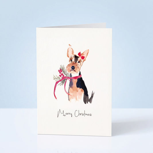 Kerstkaart schnauzer met kerstkrans Merry Christmas, A6 dubbel gevouwen