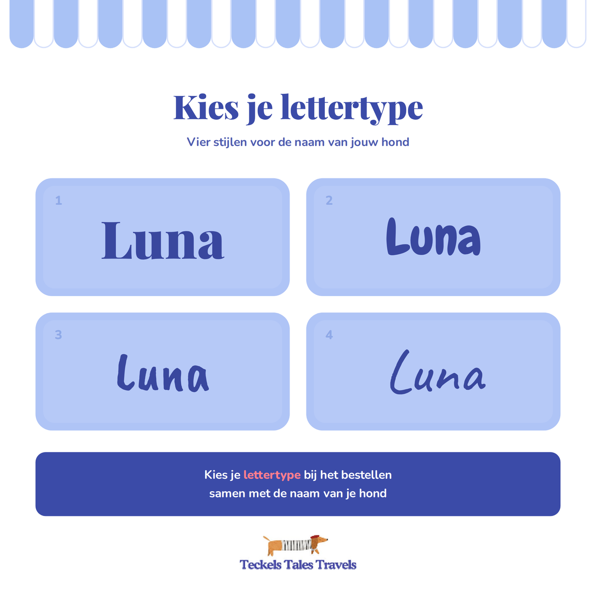 Keuzekaart met vier lettertypes voor de naam op een gepersonaliseerde hondenkom