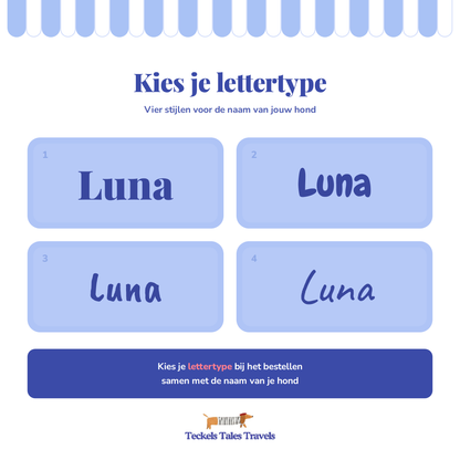 Keuzekaart met vier lettertypes voor de naam op een gepersonaliseerde hondenkom
