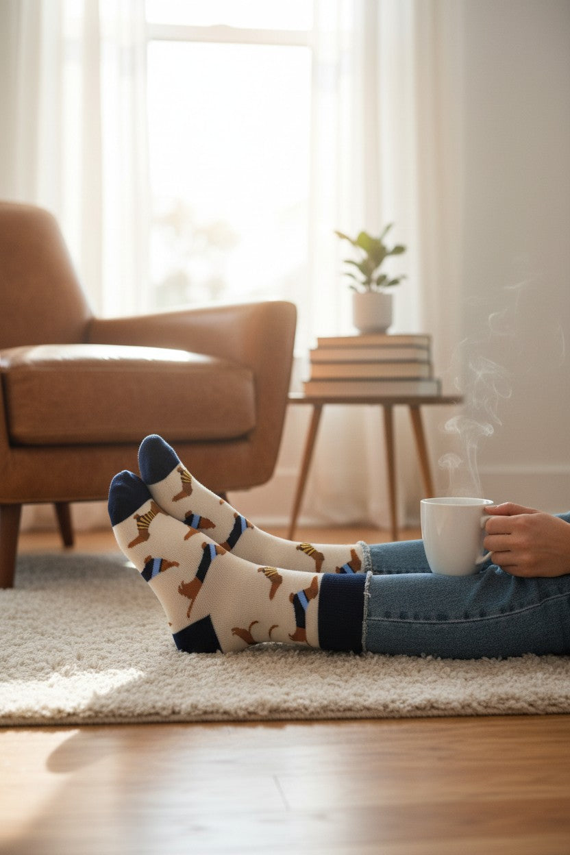 Teckel Sokken - Cartoon Print met Marineblauwe Hiel (22cm)