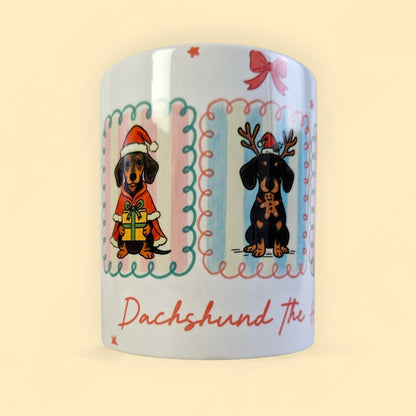 mok met 3 teckels in pastelkleuren en de tektst Dachshund the halls