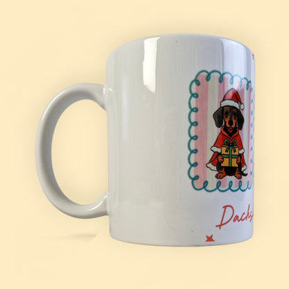 mok met 3 teckels in pastelkleuren en de tektst Dachshund the halls