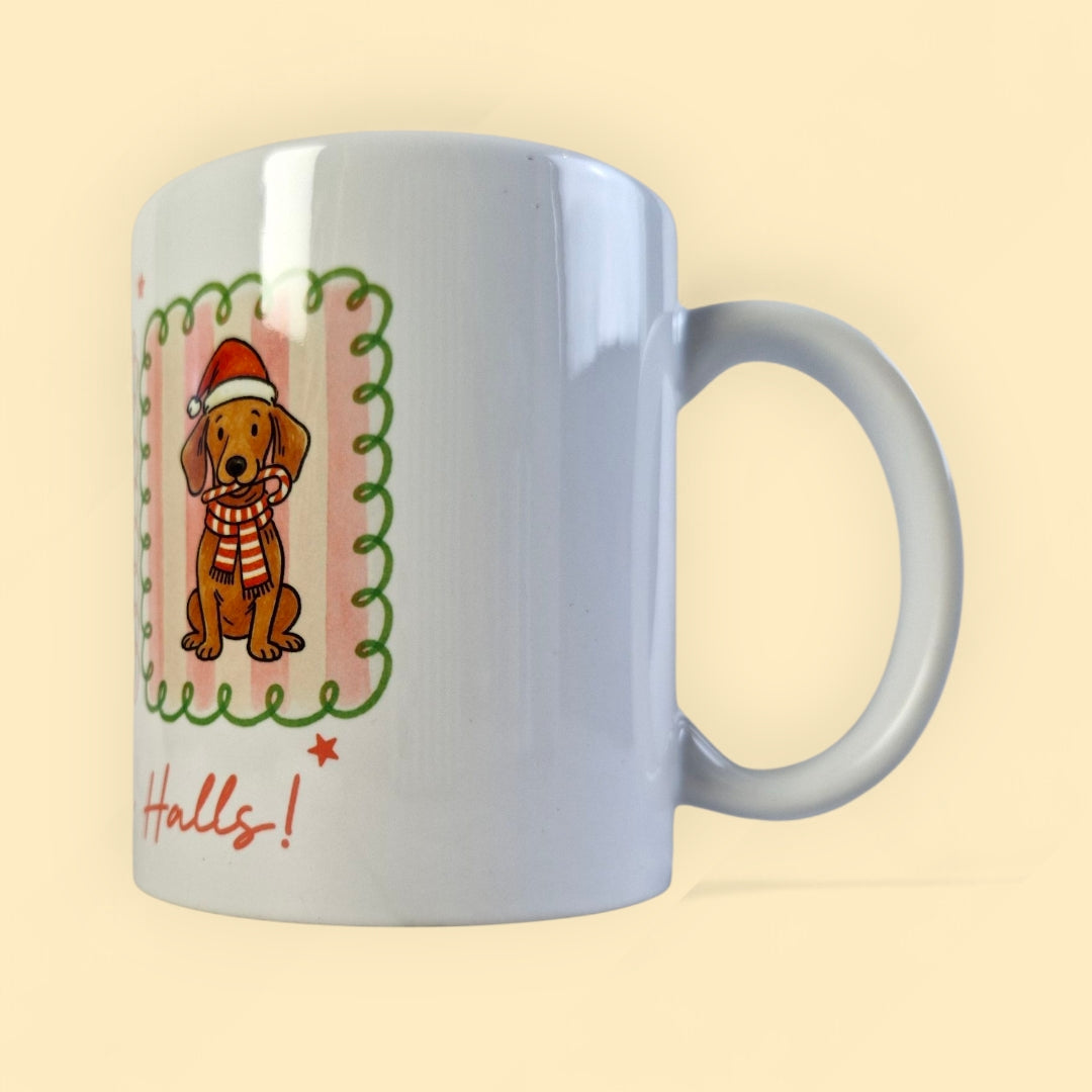 mok met 3 teckels in pastelkleuren en de tektst Dachshund the halls