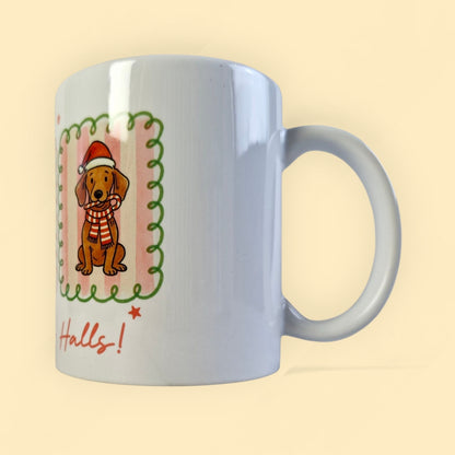 mok met 3 teckels in pastelkleuren en de tektst Dachshund the halls