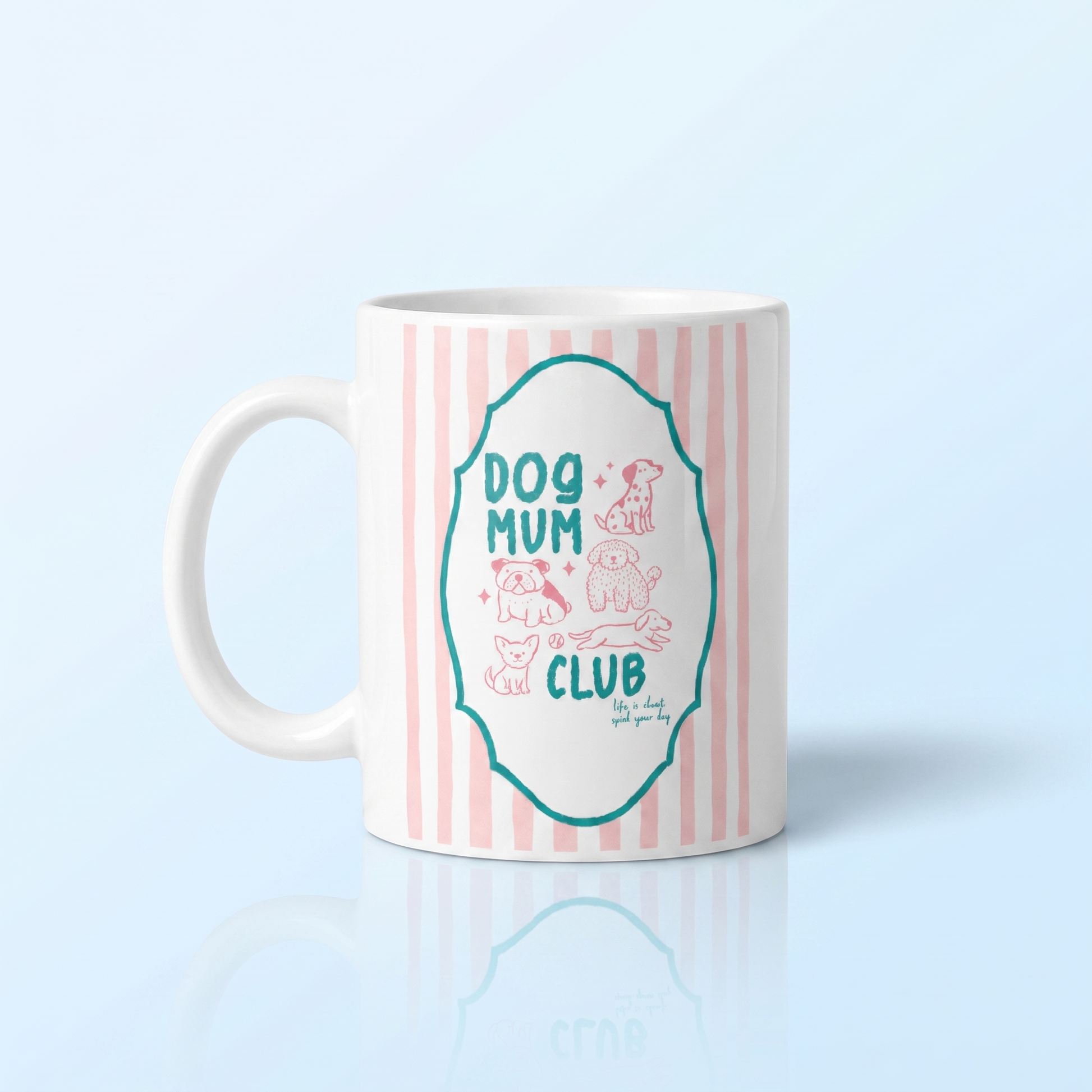 Dog Mum Club Mok 11oz – Roze Strepen & Groene Whimsical Kader