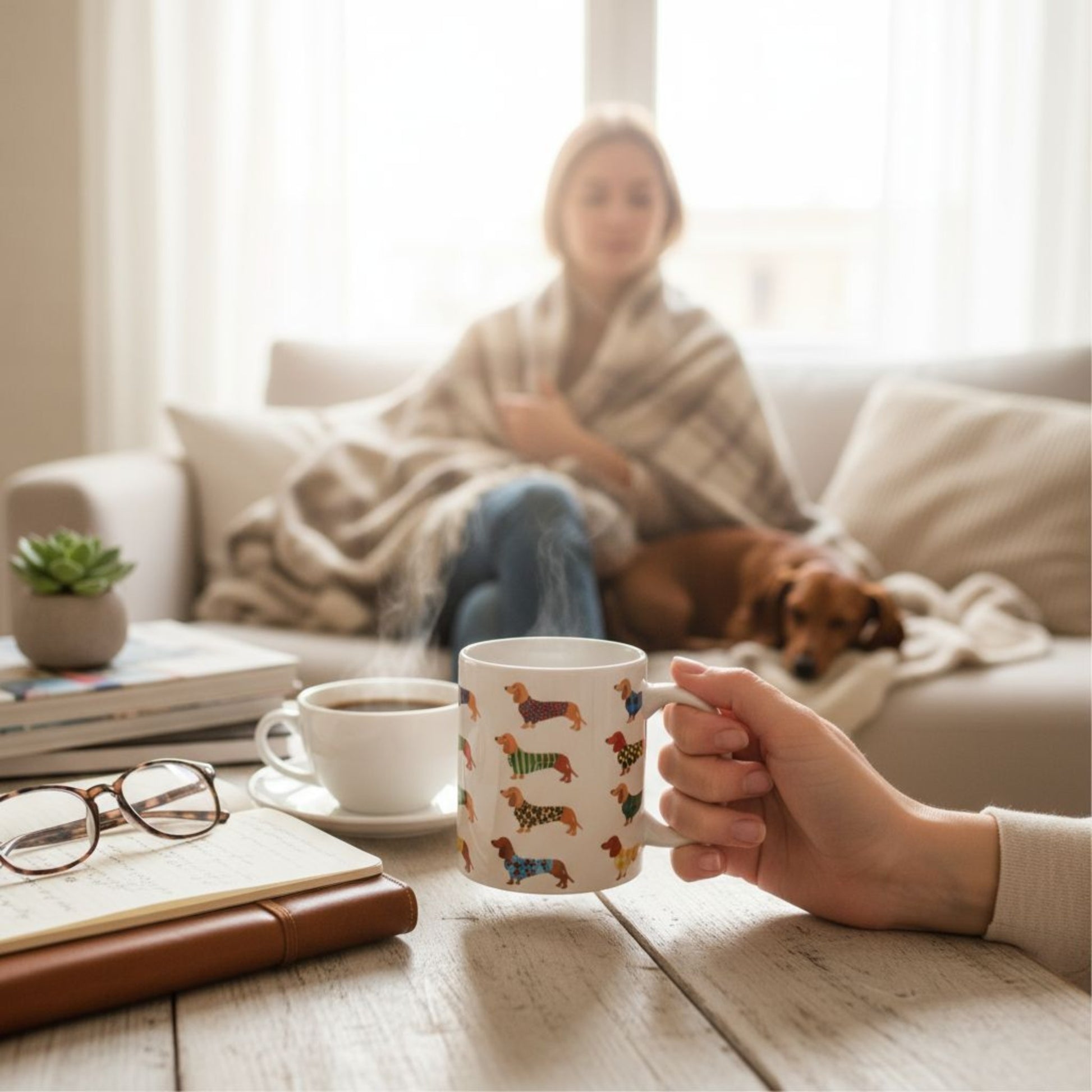 gezellige woonkamer waar iemand uit een mok met verschillende teckels op