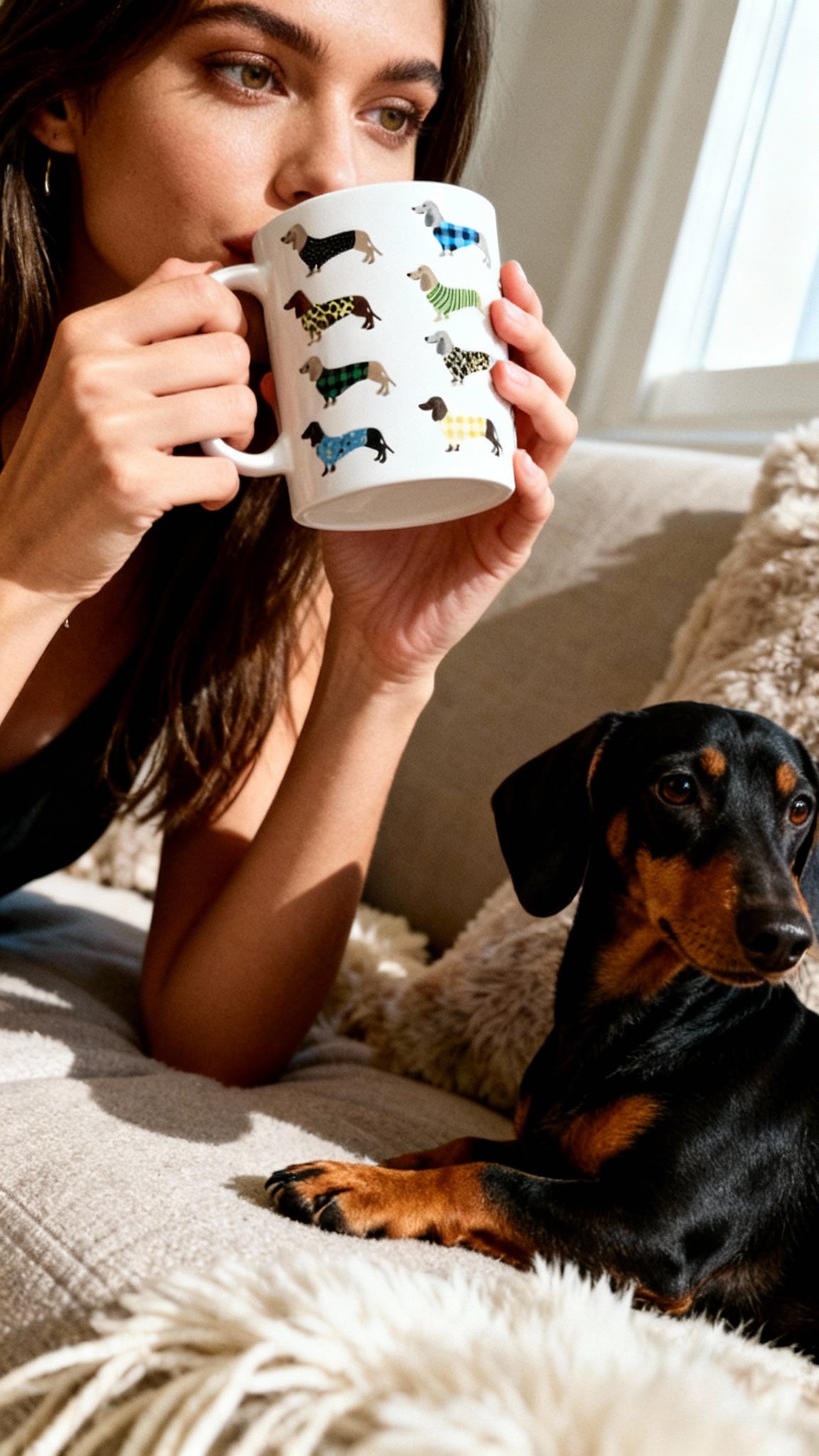 dame met een black & tan teckel bij haar die uit de mok met verschillende teckels drinkt