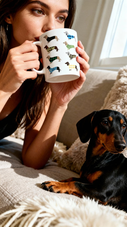 dame met een black & tan teckel bij haar die uit de mok met verschillende teckels drinkt