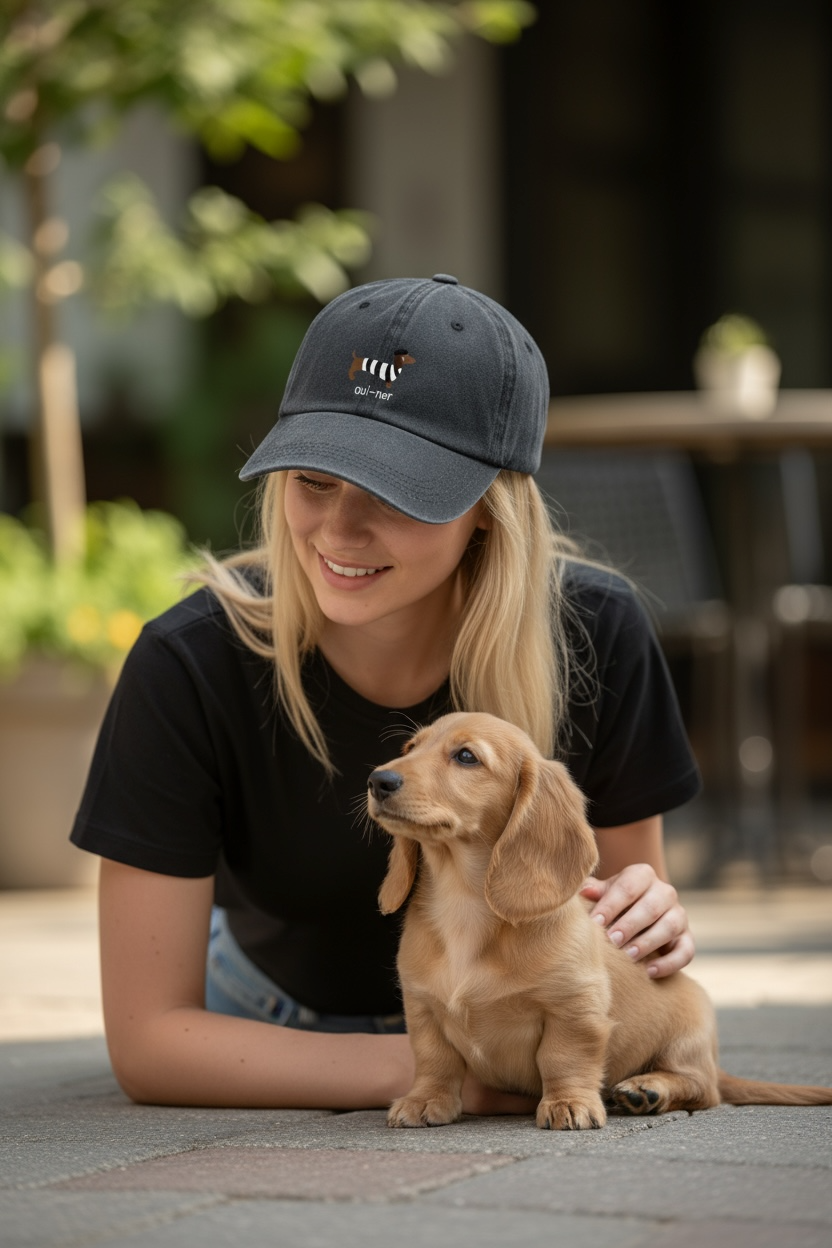 vrouw met donkerblauw petje met oui-ner erop gedrukt, er is een schattige blonde teckel pup bij haar