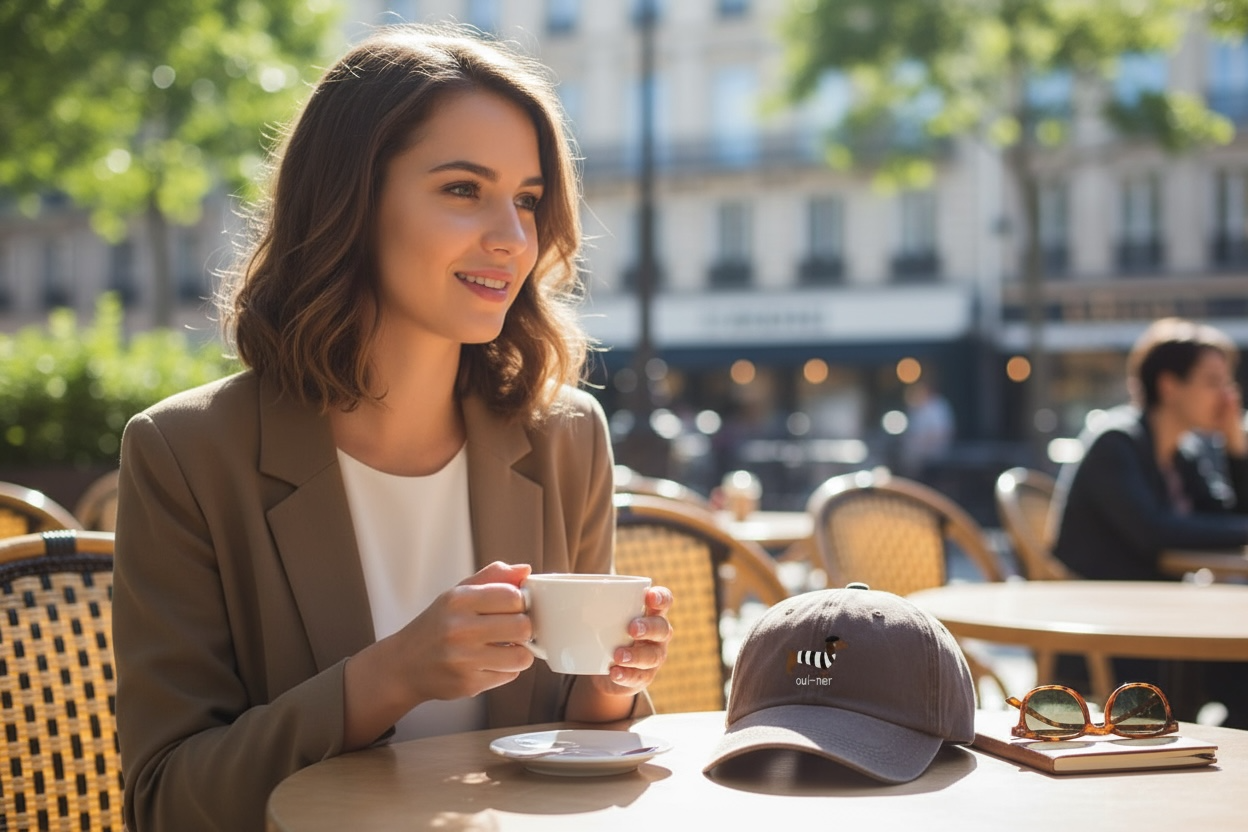vrouw op terras er ligt een donkerblauwe pet met de tekst oui-ner erop op de tafel