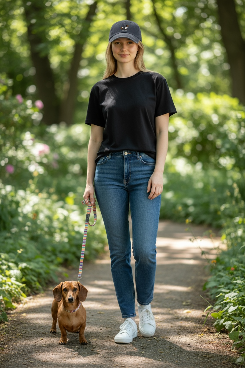 vrouw in het park met bruine kortharige teckel, ze draagt een donkerblauwe pet met de tekst oui-ner erop