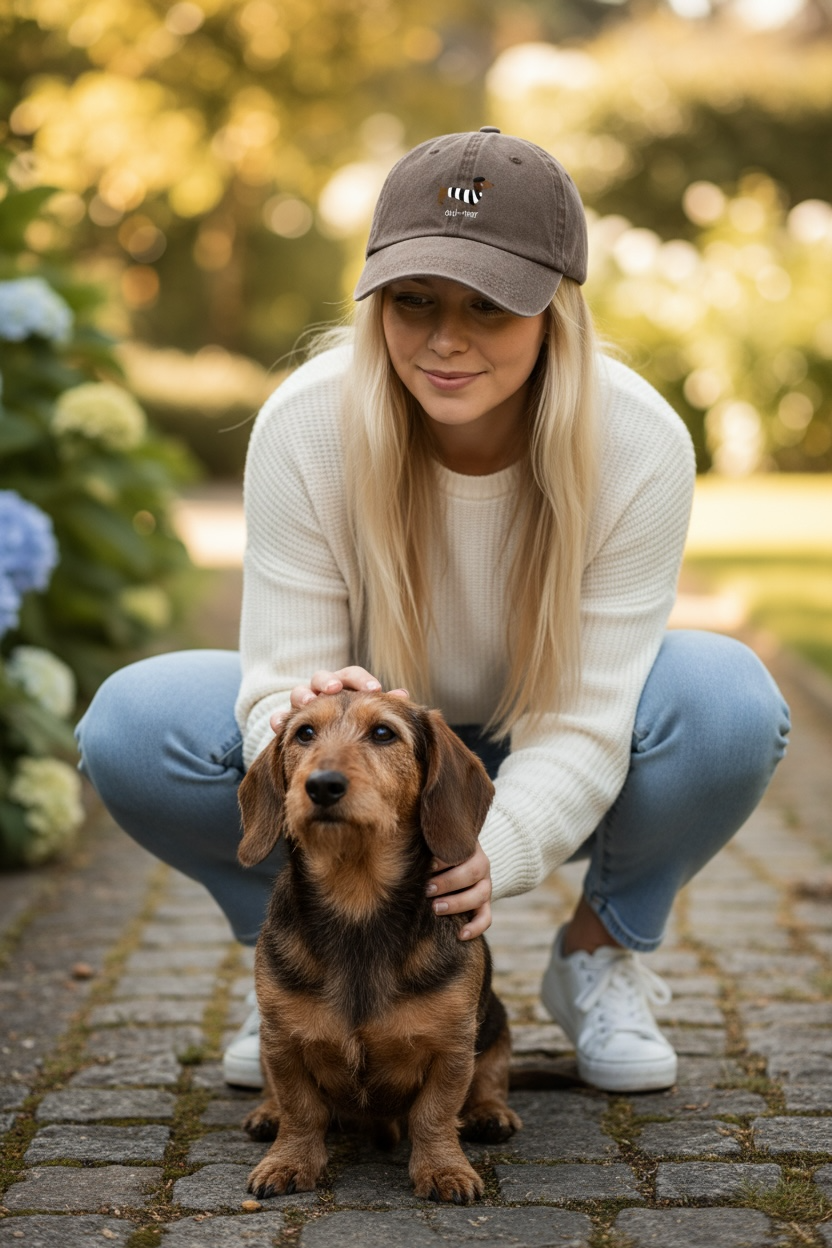 vrouw met donkerbruine pet met oui-ner erop gedrukt, ze heeft een ruwharige teckel bij haar