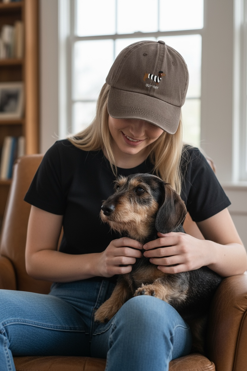 vrouw met ruwharige teckel op haar schoot, ze draagt een donkerbruine pet met oui-ner erop gedrukt
