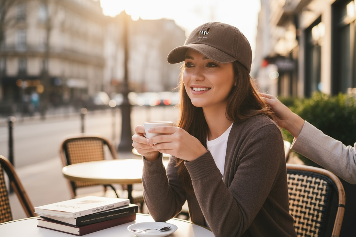 vrouw die op een terrasje zit, ze draagt een donkerbruine pet met de tekst oui-ner