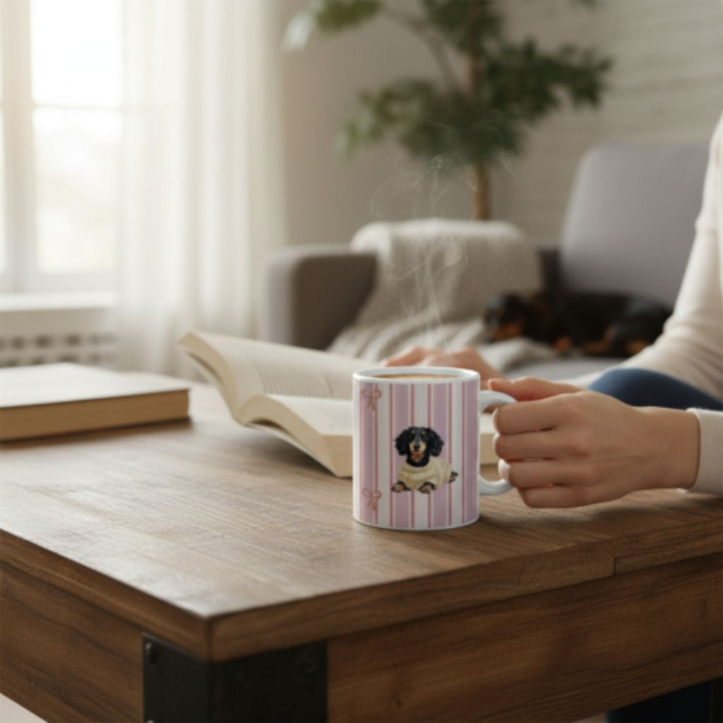 Kerstmok Roze Gestreept met Strikjes - Teckel met Kersttrui 11oz