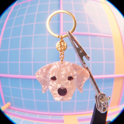 Acryl sleutelhanger blonde Labrador – holografisch effect & stainless steel ring