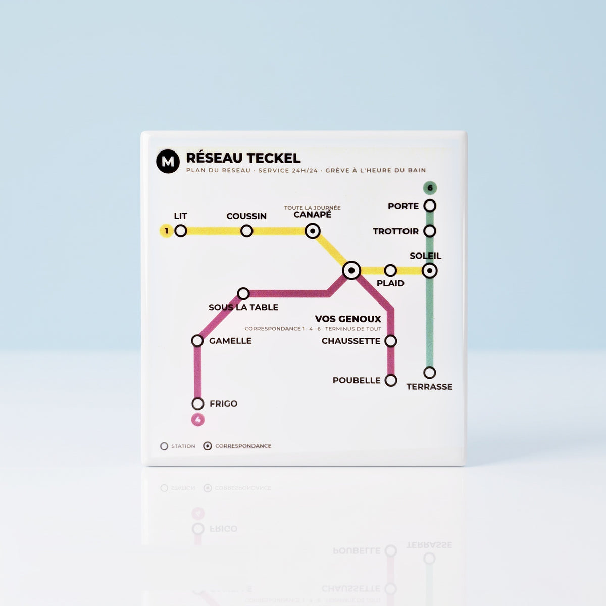Keramisch teckel tegeltje Réseau Teckel met Parijse metrokaart op lichtblauwe achtergrond