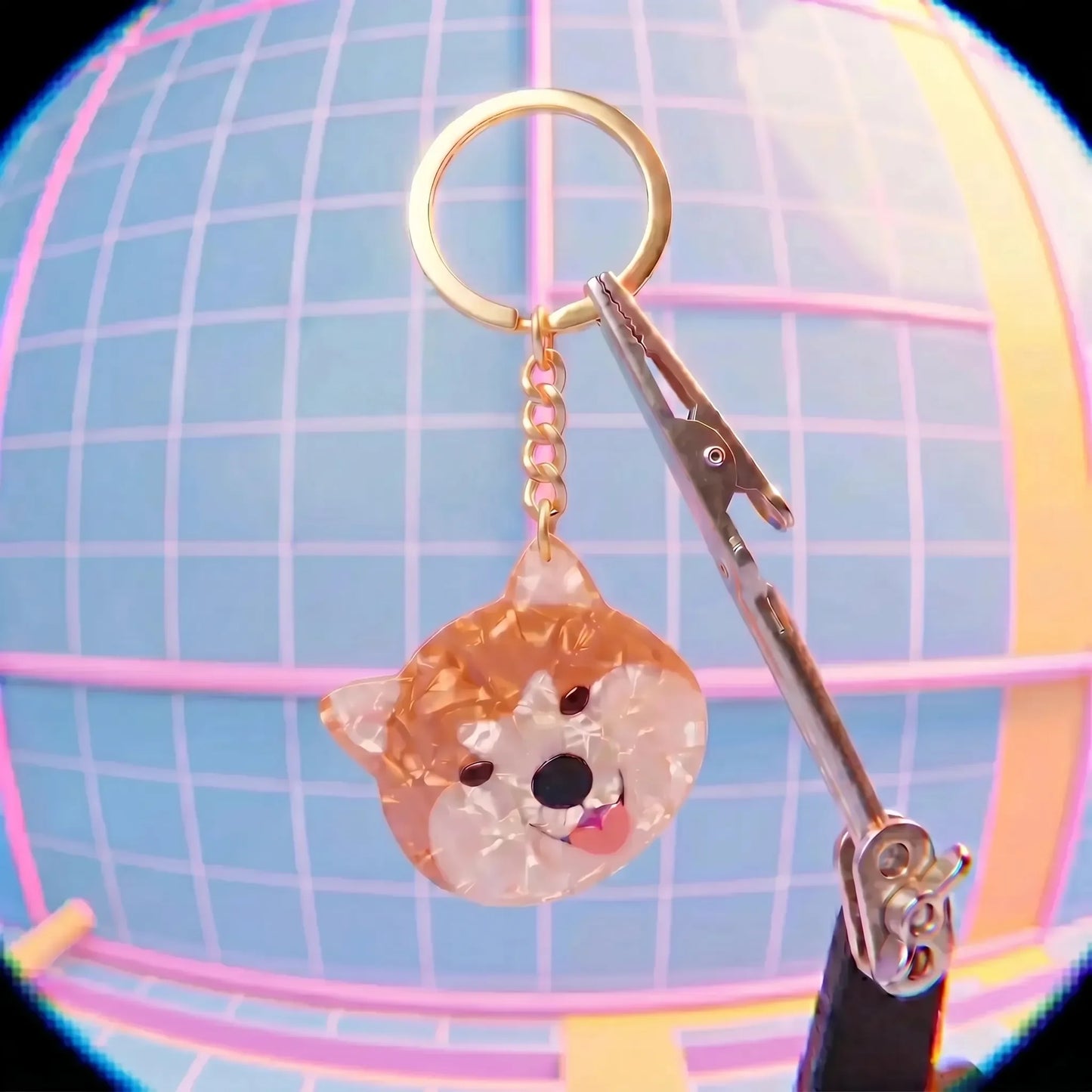 Acryl sleutelhanger Shiba Inu – holografisch effect & stainless steel ring