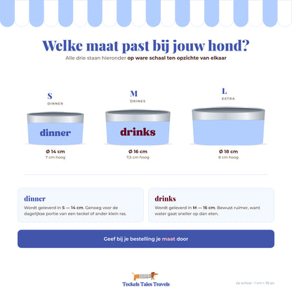 Maatvergelijking hondenkommen S 14 cm, M 16 cm en L 18 cm op ware schaal