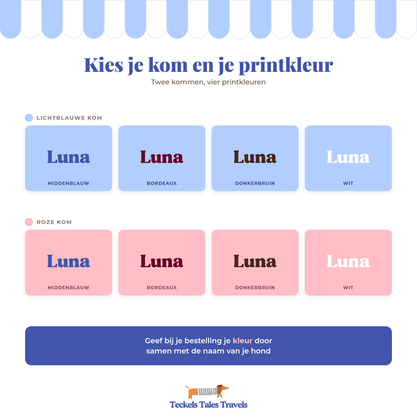 Keuzekaart printkleuren voor gepersonaliseerde hondenkom in blauw en roze