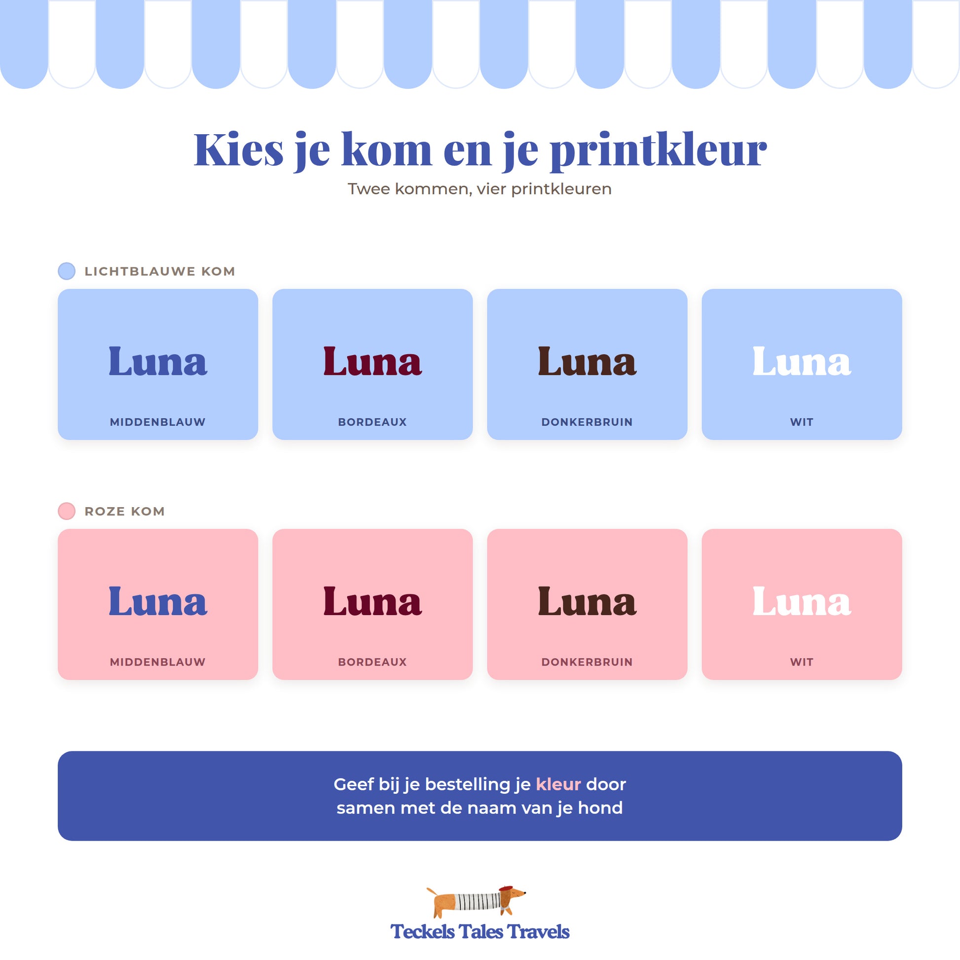 Keuzekaart printkleuren voor gepersonaliseerde hondenkom in blauw en roze